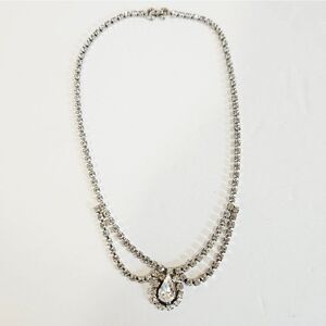 Vintage Mid Century Art Deco Teardrop Draped Clear Studded Rhinestone Necklace
